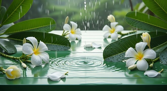 A peaceful scene of white plumeria flowers on a green surface during a gentle rain shower