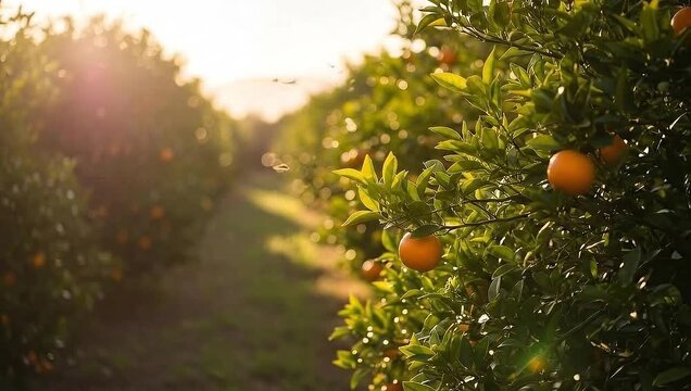 Sunlight filters through an orange grove with ripe fruit on trees.
