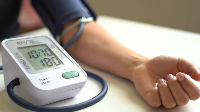 Close up of a person using a digital blood pressure monitor on a white table, arm and cuff in focus. Bright lighting and clear reading.