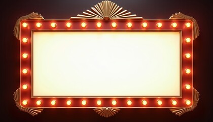 Retro theater marquee sign with blank illuminated panel, golden fan details. Vintage marquee borders light bulbs frame empty space for announcement. Classic movie poster billboard template for show.