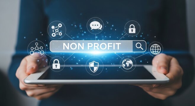 Person holding a tablet displaying nonprofit concept with business and communication icons