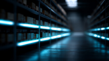 Fototapeta premium A futuristic warehouse aisle illuminated by blue neon lights with shelves stocked with boxes, creating a symmetrical and high-tech storage environment