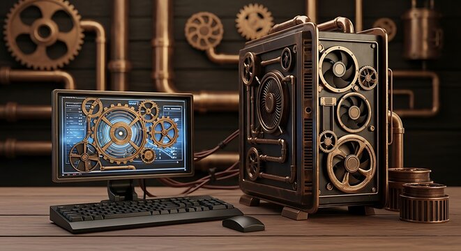 Steampunk Themed Computer Setup with Intricate Gear Designs.