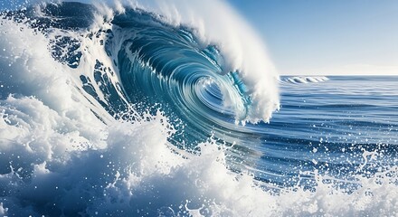 A massive deep blue wave curls and breaks with explosive white foam and spray against the horizon