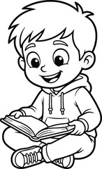 Cute boy reading book illustration, happy child studying, cartoon line art drawing, education learning concept, isolated white background, kids design