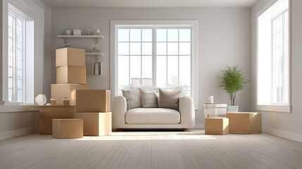 Bright living room with sofa, boxes and plant symbolizing moving, home reset and fresh minimalist lifestyle