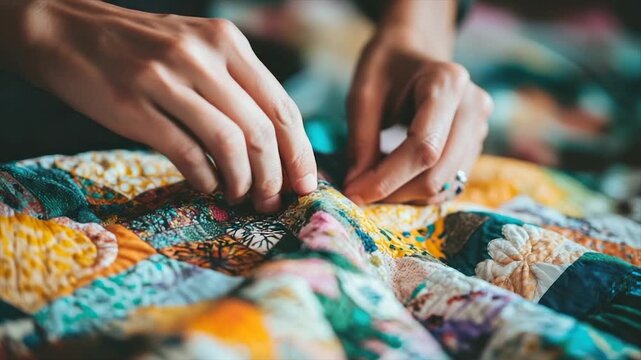 Close up of hands stitching patchwork, creating a colorful textile