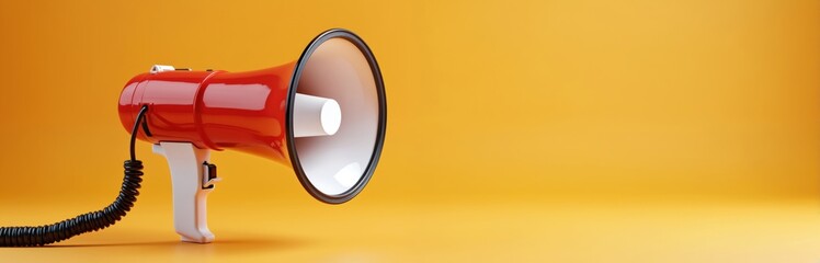 Red megaphone symbol of sound amplification and attention. Device for loud announcement and public speaking communication. Isolated object for ad campaigns.