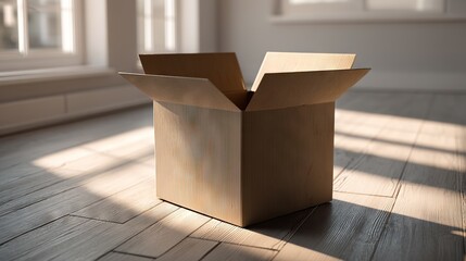 Open empty cardboard box on wooden floor in bright room symbolizing packing, moving and declutter reset