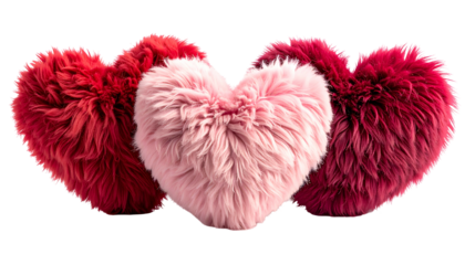 Three fluffy, heart-shaped objects, one pink and two shades of red, overlapping in a horizontal arrangement against a black background