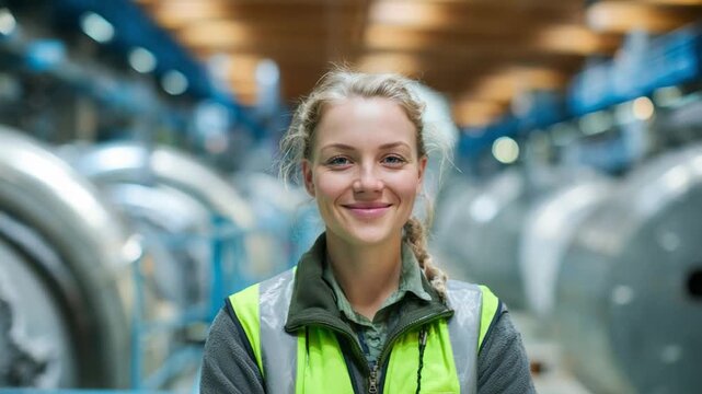 Factory Worker: A focused female employee in a modern factory setting. Standing confidently, a focused factory worker embodies efficiency and determination, reflecting the heart of industry.