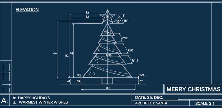 Christmas Tree Blueprint with Merry Christmas Greeting and Architect Details