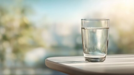 Clear glass of fresh water on bright table symbolizing hydration, health and mindful morning routine