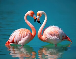 Two pink flamingos create heart shape with long necks in calm blue water. They stand together showing their lovely feathers and beaks forming a romantic symbol of couple love.