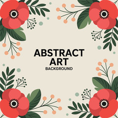 Elegant Abstract Square Background with Red Poppies, Berries, and Dark Foliage.