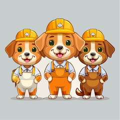 Three adorable cartoon dogs dressed as construction workers, wearing hard hats and overalls, standing together with smiles.