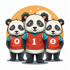 Three adorable cartoon pandas wearing sports jerseys with numbers 0, 1, and 0, standing together against a warm, glowing background.