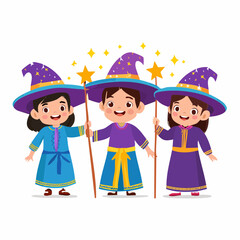 Three cheerful young children dressed as wizards with pointy hats and magic wands, surrounded by sparkling stars.