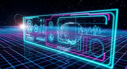 Futuristic Digital Interface with Glowing Neon Grid