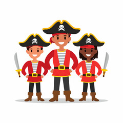 Three cartoon pirates with swords and pirate hats stand together, smiling.