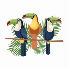Three colorful toucans perched on a branch with lush green tropical leaves in the background.