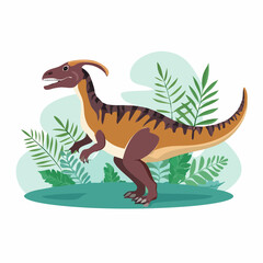 A cartoon illustration of a Parasaurolophus dinosaur standing in a prehistoric jungle with lush green foliage.