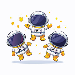 Three cute cartoon astronauts floating in space surrounded by yellow stars.
