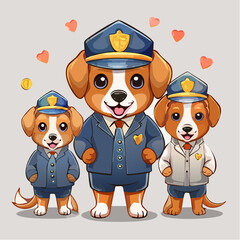 Three adorable cartoon dogs dressed as police officers, standing together with a friendly expression.
