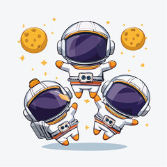 Three adorable cartoon astronauts floating playfully in outer space surrounded by moons and sparkling stars.