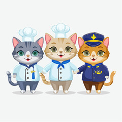 Three cute cartoon cats dressed in professional uniforms, including two chefs and one pilot, holding hands and smiling.