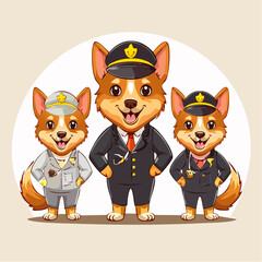 Three cute cartoon corgi dogs dressed in professional uniforms, including a pilot, a detective, and a service person, standing and smiling.