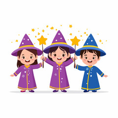 Three happy cartoon children dressed as wizards holding star wands, with magical stars floating around them on a white background.