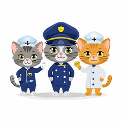 Three adorable cartoon cats dressed in professional uniforms: a sailor, a captain, and a chef, standing together and smiling.