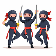 Three cartoon ninjas in black suits with red sashes and headbands, holding swords in dynamic action poses.