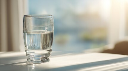 Single glass of water in warm morning light symbolizing hydration goal, clean living and mindful pause
