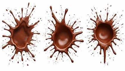 Three brown chocolate splashes on white background. Liquid drops fly outward. Dynamic motion forms abstract shapes. Sweet dessert elements for design.