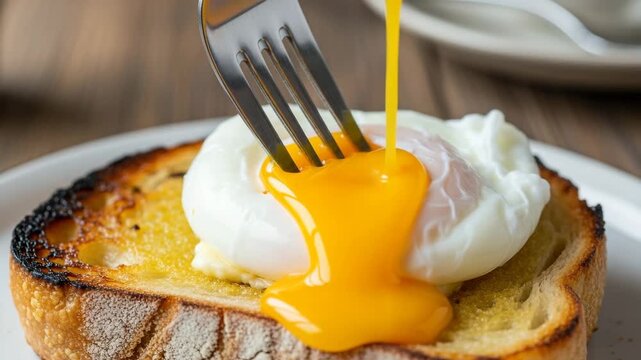 Delicious runny poached egg on toasted bread with fork
