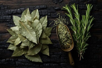 Dried Bay Leaves and Rosemary Flat Lay