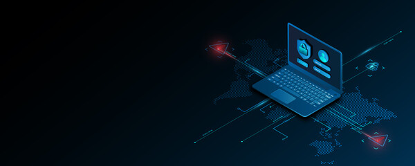 Technology background image on laptop, circuit concept, network, communication, cyber security protection.