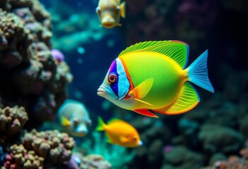 Vibrant tropical fish swimming in coral reef aquarium, colorful fish, fish