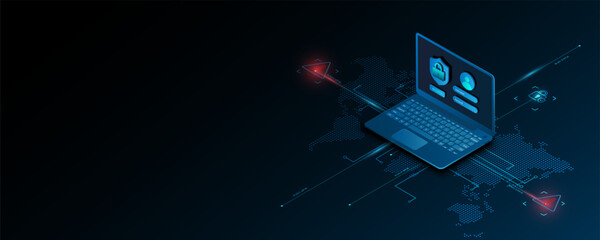 Technology background image on laptop, circuit concept, network, communication, cyber security protection.