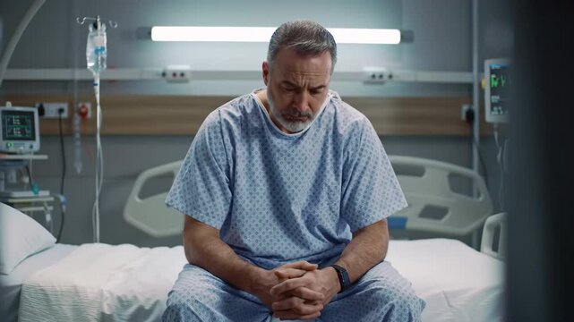 Sad middle aged man in a light blue hospital gown sits alone on a hospital bed, hands clasped, in a sterile room with medical equipment.