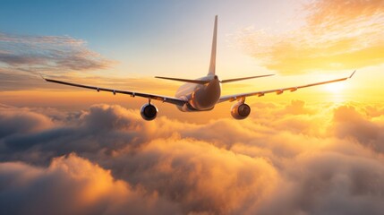 Obraz premium aerospace. A commercial jet ascending through clouds at sunset, with golden lighting creating a dramatic sky backdrop. inspiring travel planning. 