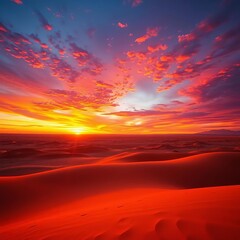 Fototapeta premium Vast desert landscape bathed in fiery orange and purple sunset light, golden hour, serene