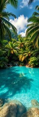Obraz premium Tropical paradise beckons with a crystal-clear pool amidst dense jungle foliage, resort, pool