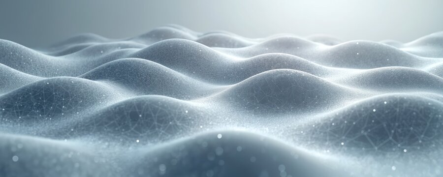 Abstract wave patterns resembling topographic terrain with interconnected digital data points. Flowing lines suggest network connections, data transfer, and global communication systems.