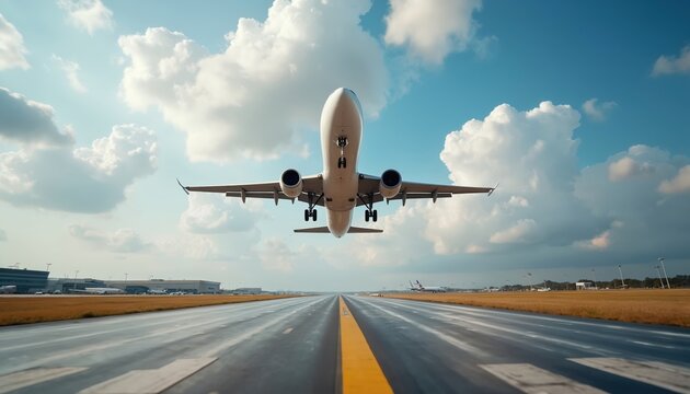 Passenger jet plane ascends on takeoff runway towards bright sky with fluffy white clouds. Aircraft leaves airport grounds, traveling to new destinations for holidays or business trips.