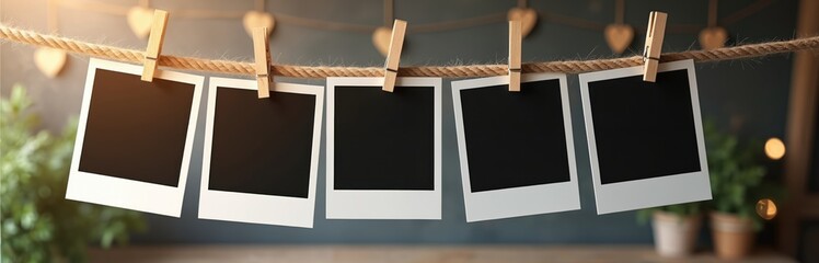 Five blank frames hang on twine by wooden clips. Empty white border squares are attached to a rope. Background has soft bokeh lights, hearts and green plants.