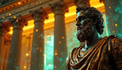 Ancient Greek philosopher sculpture overlays digital data grid within classical bank building. Tradition meets modernity in finance and business. Classic heritage meets tech innovation.