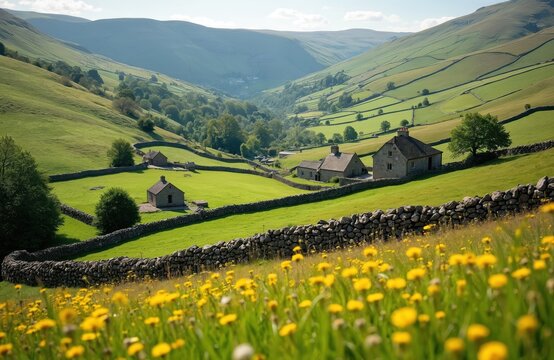 Green valleys with stone buildings and dry-stone walls under a clear sky. Rolling hills show patchwork fields and scattered trees in a rural English landscape, evoking calm.